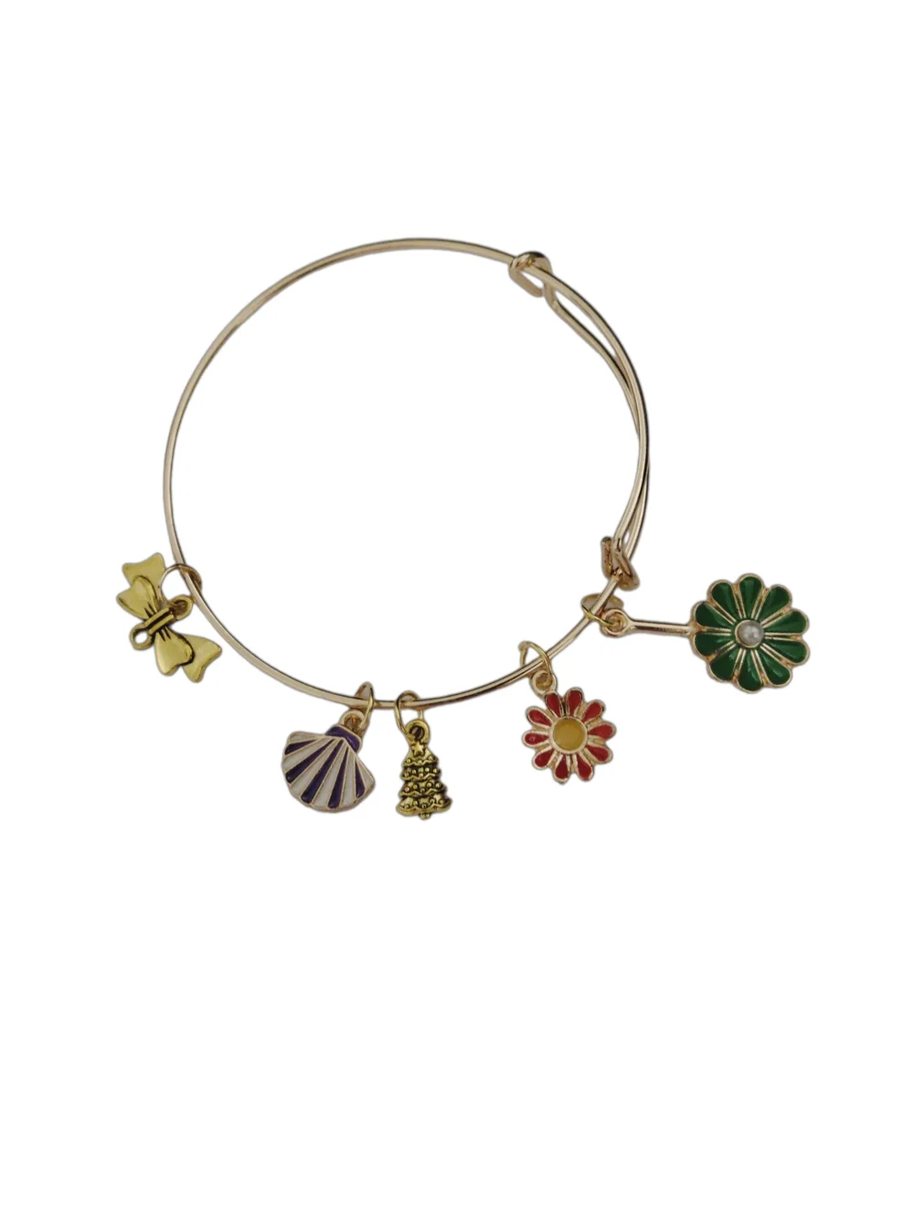 Adjustable Bangle Bracelet with Green & Red Flower Charms NWOT